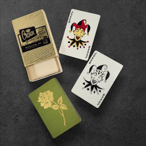 Vintage Crown Playing Cards Green Gold Rose Deck w/ Jokers & Original Box - Picture 2 of 6
